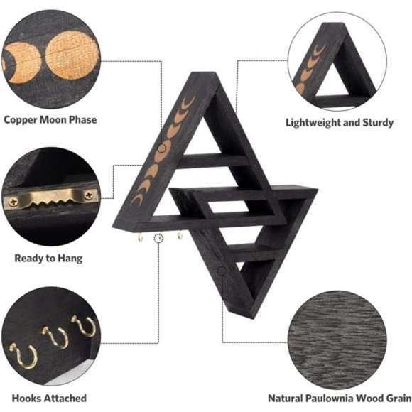 Moon Phase Triangle Shelf with Hooks - Rustic Moon Shelf for Crystals- Black - Picture 7 of 7